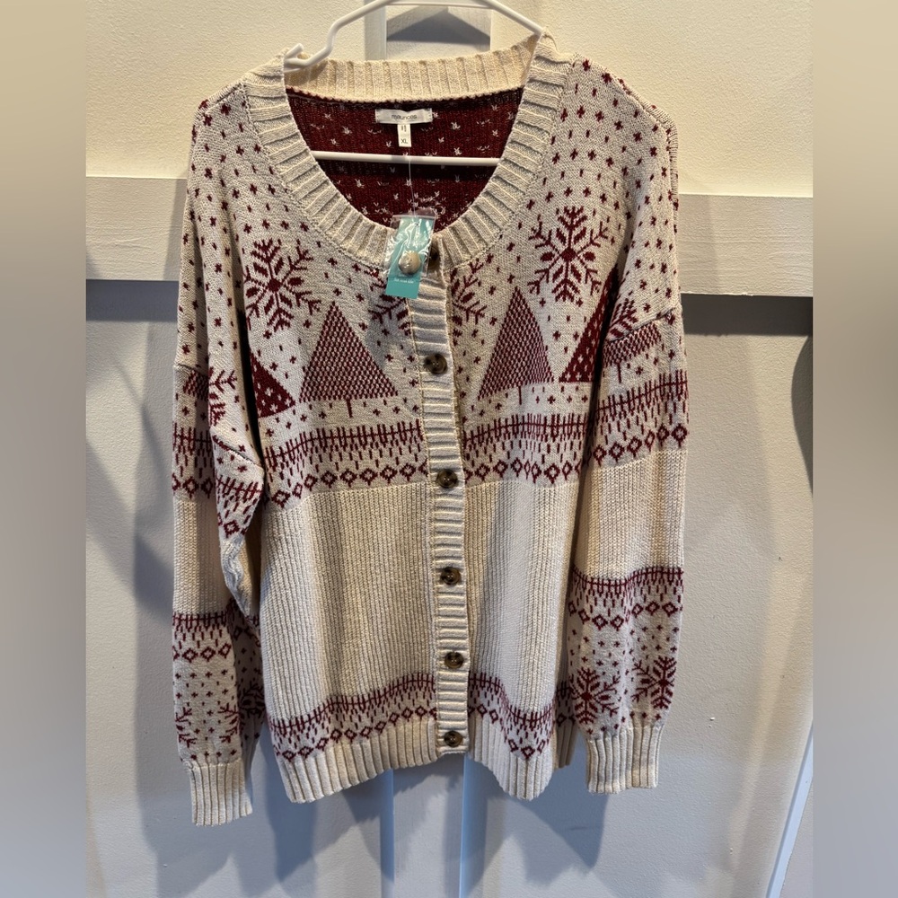 NWT Maurices Red and Cream Patterned Christmas Cardigan Sweater